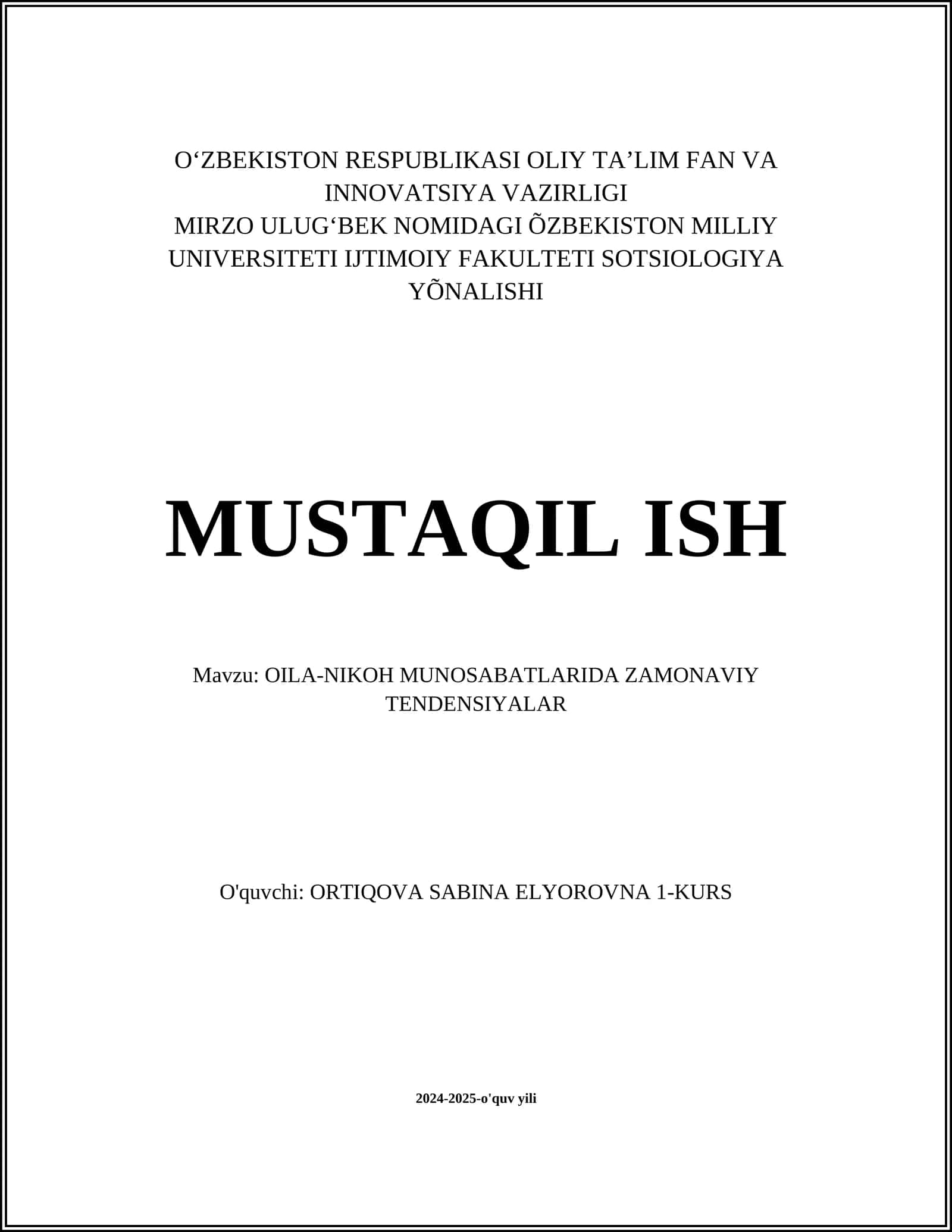OILA-NIKOH MUNOSABATLARIDA ZAMONAVIY TENDENSIYALAR