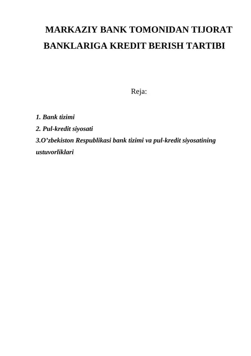 O'zbekiston Respublikasi Tijorat banklari Markaziy bankdan kredit olish tartibi