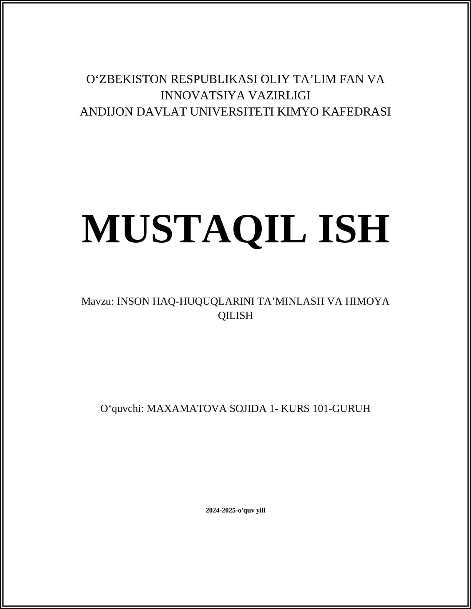 INSON HAQ-HUQUQLARINI TAʼMINLASH VA HIMOYA QILISH