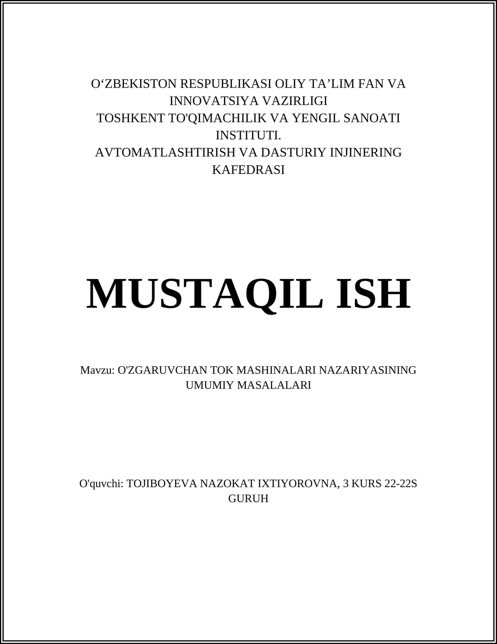 O'ZGARUVCHAN TOK MASHINALARI NAZARIYASINING UMUMIY MASALALARI