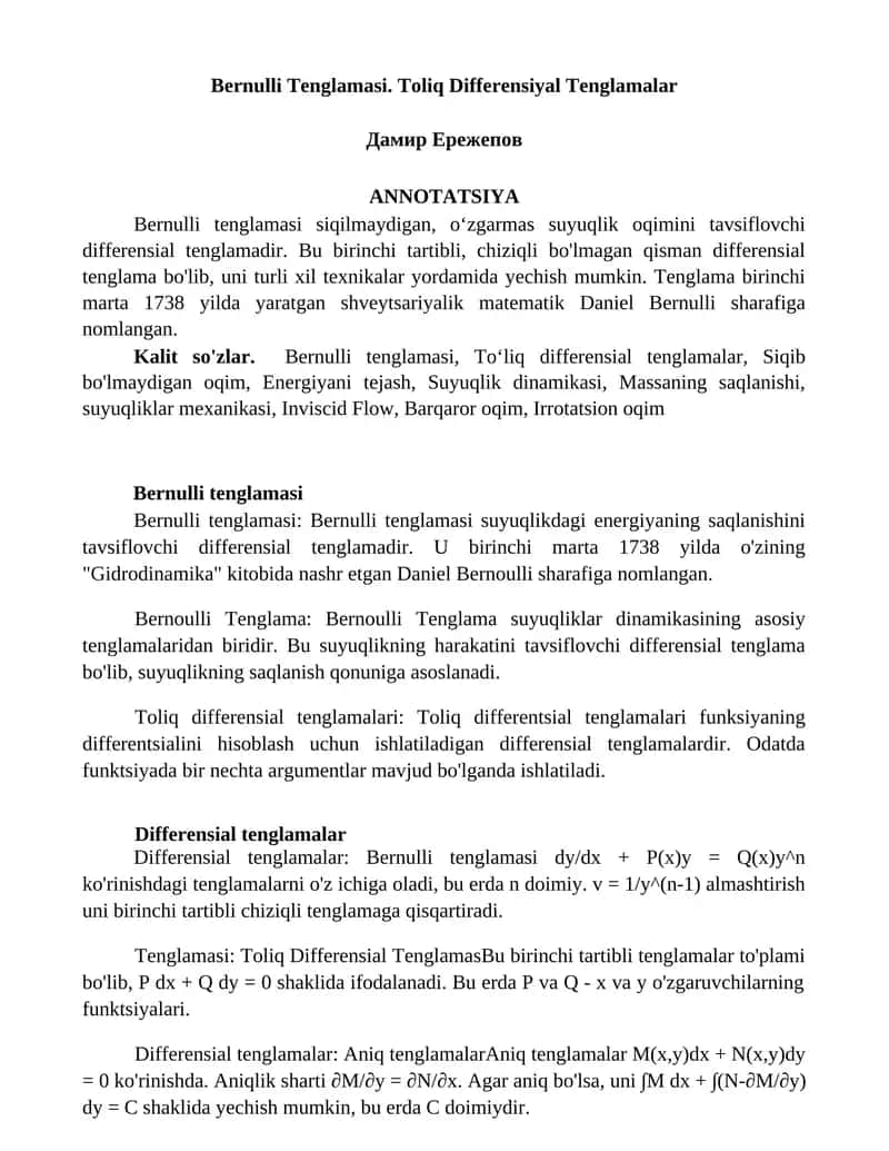 Bernulli Tenglamasi