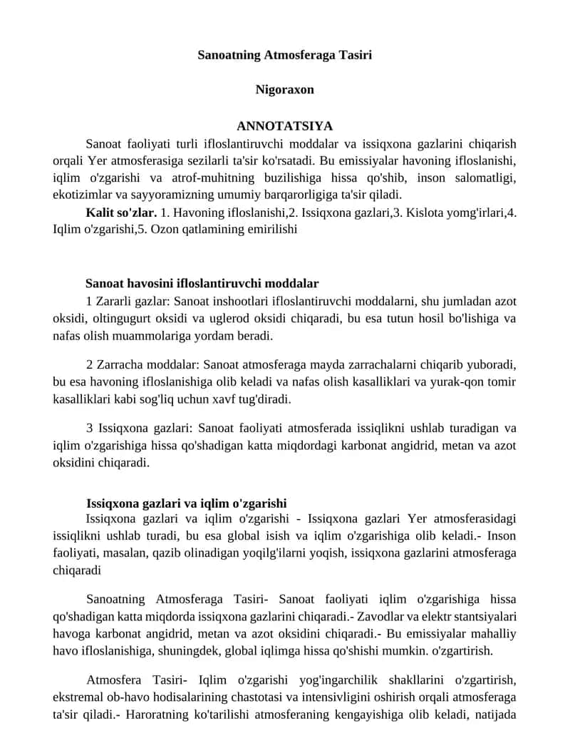 Sanoatning Atmosferaga Tasiri