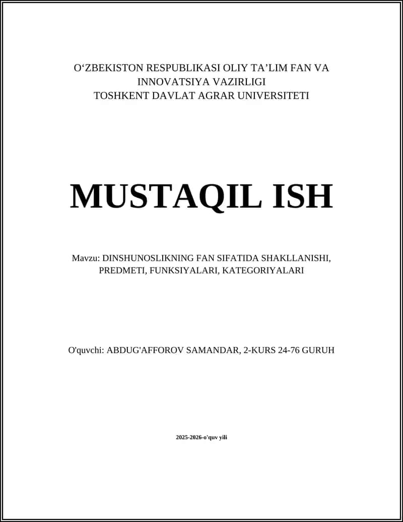 DINSHUNOSLIKNING FAN SIFATIDA SHAKLLANISHI, PREDMETI, FUNKSIYALARI, KATEGORIYALARI