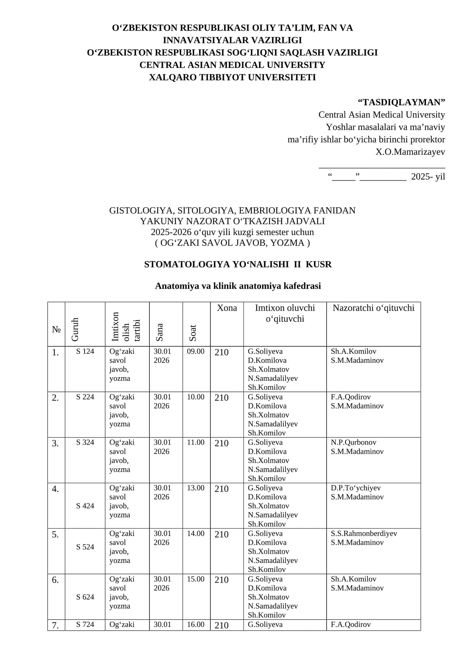 GISTOLOGIYA, SITOLOGIYA, EMBRIOLOGIYA FANIDAN YAKUNIY NAZORAT O‘TKAZISH JADVALI