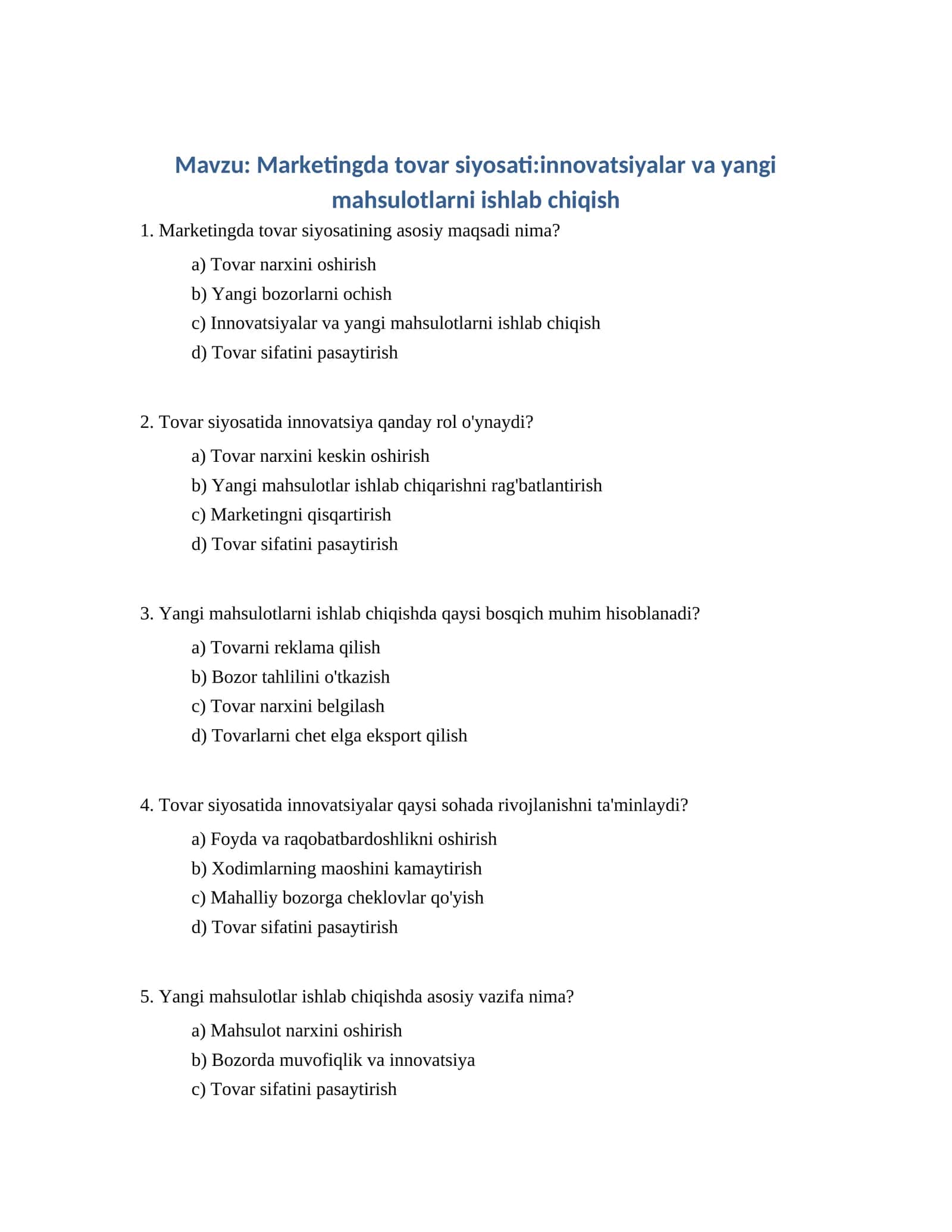 Marketingda tovar siyosati:innovatsiyalar va yangi mahsulotlarni ishlab chiqish