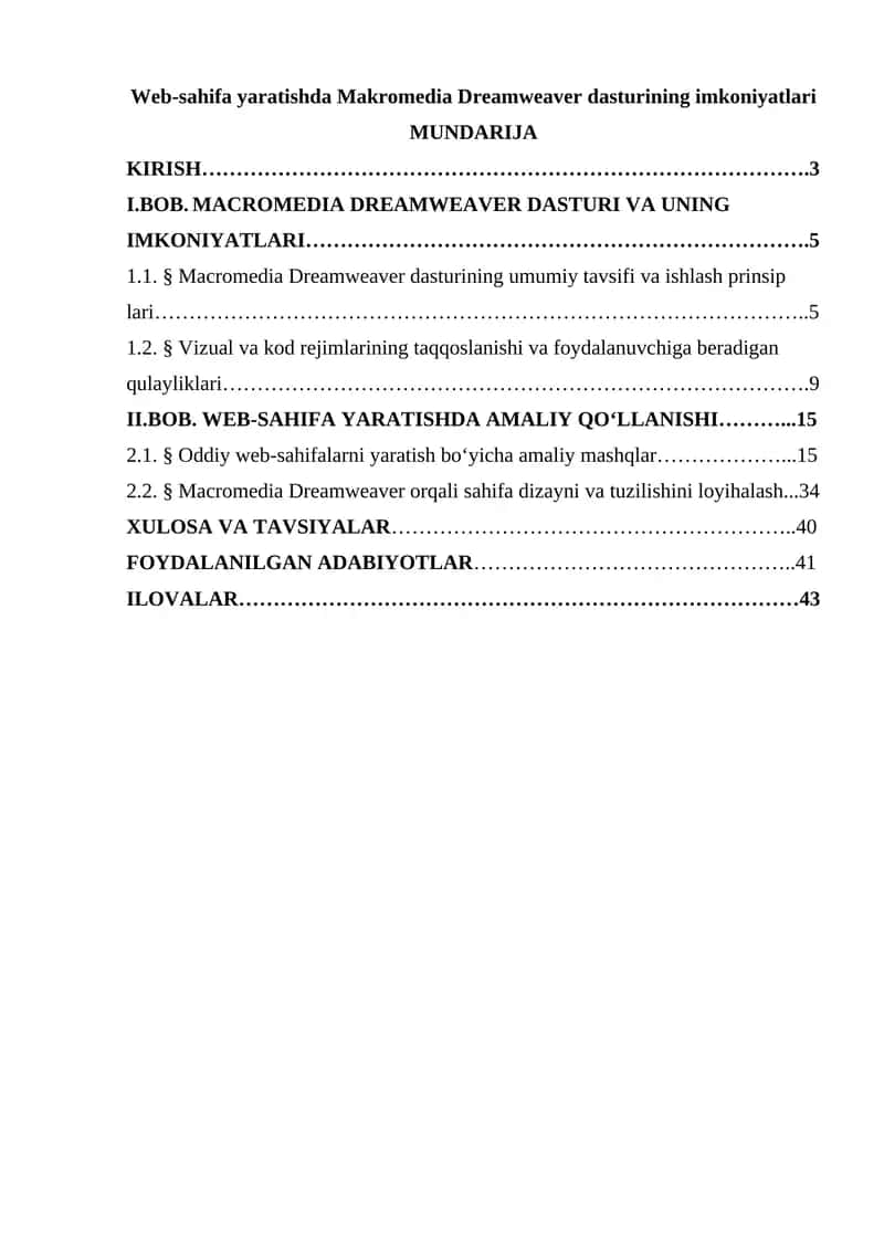 Web-sahifa yaratishda Makromedia Dreamweaver dasturining imkoniyatlari