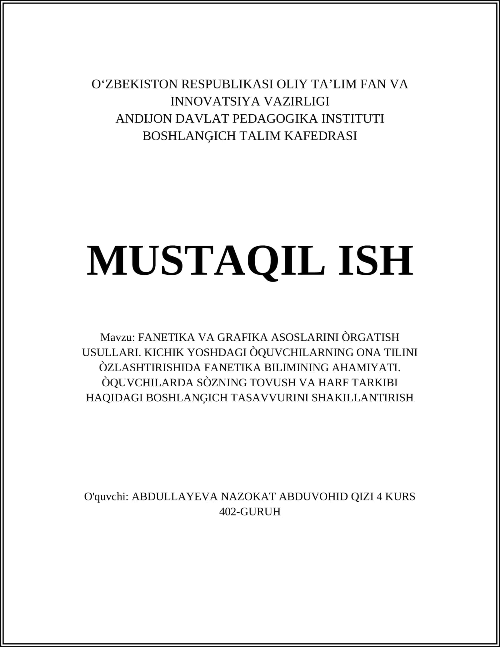 FANETIKA VA GRAFIKA ASOSLARINI ÒRGATISH USULLARI