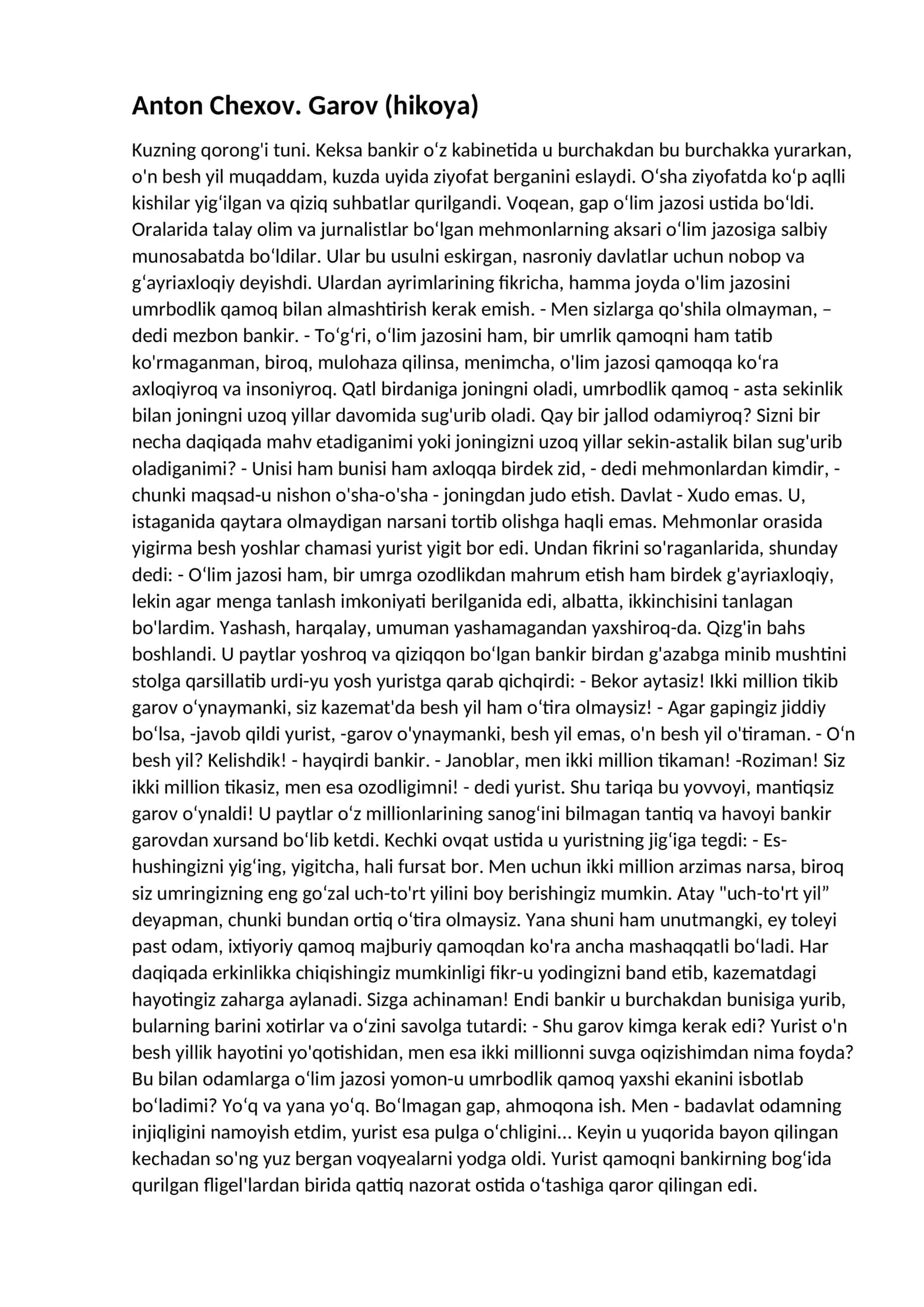 Anton Chexov hikoyalari 1)Garov 2)Xameleon 3)Semiz va oriq (ozg`in)