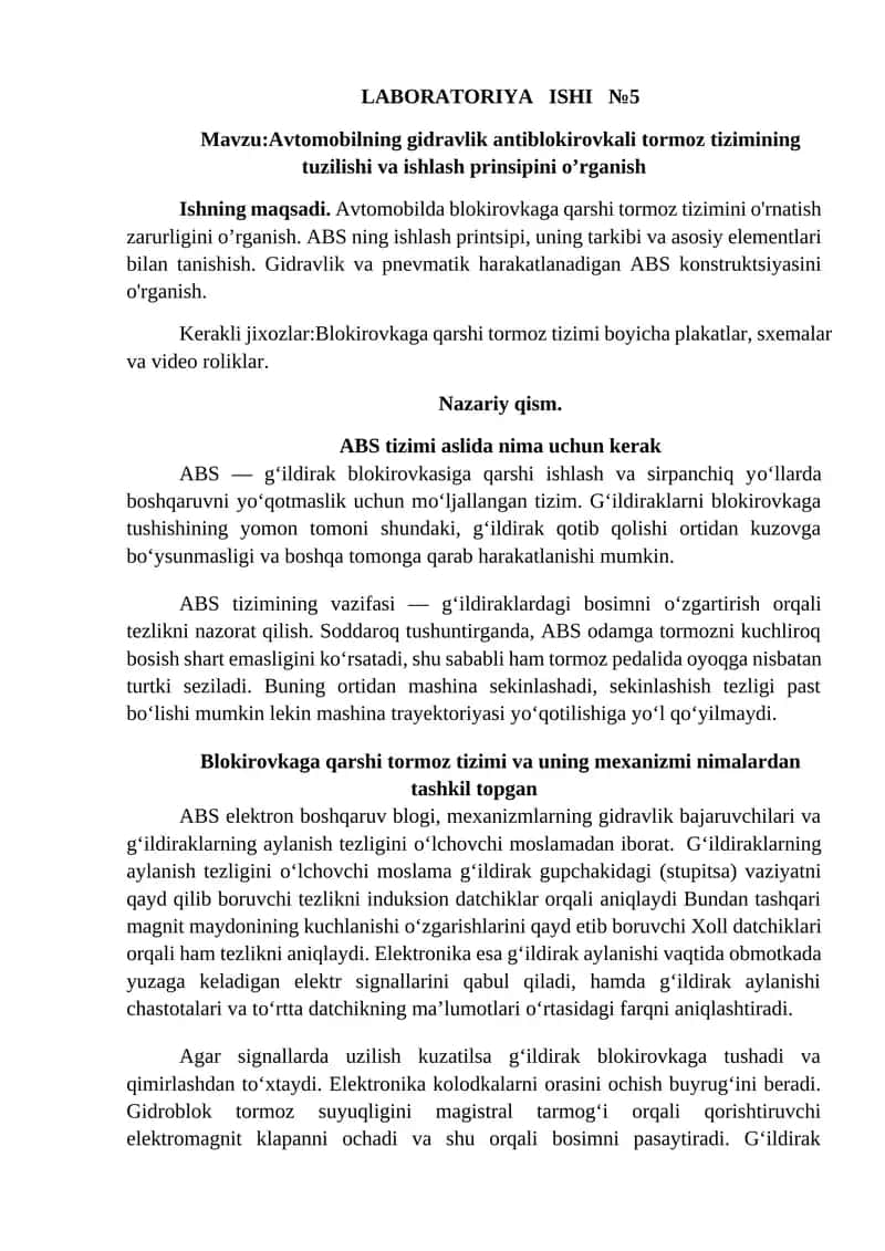 Avtomobilning gidravlik antiblokirovkali tormoz tizimi