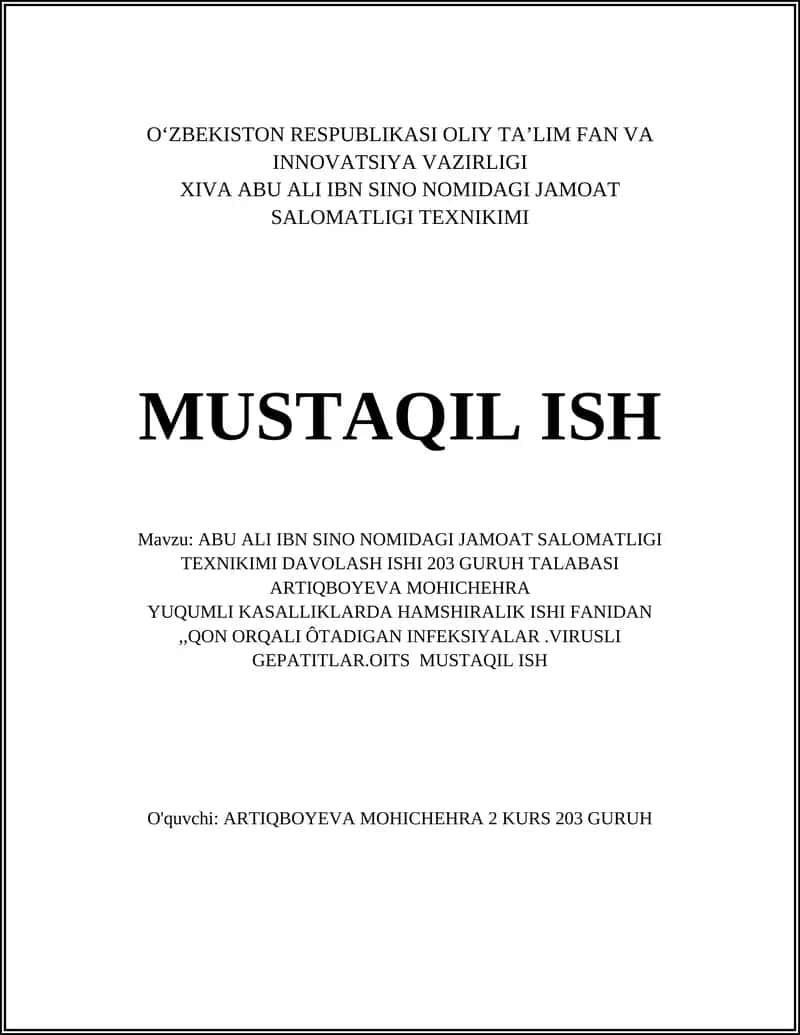 ABU ALI IBN SINO NOMIDAGI JAMOAT SALOMATLIGI TEXNIKIMI DAVOLASH ISHI