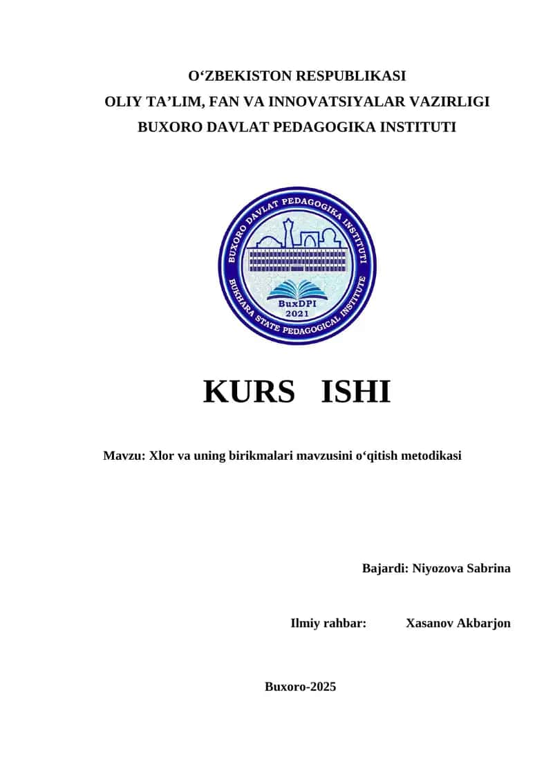 Xlor va uning birikmalari mavzusini oʻqitish metodikasi