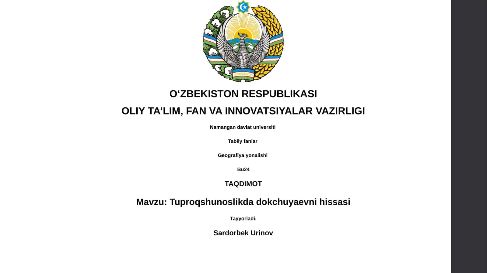 Tuproqshunoslikda dokchuyaevni hissasi