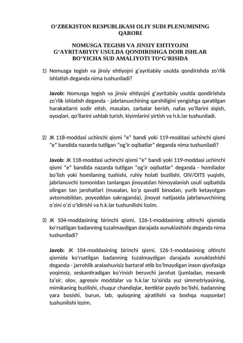 O'zbekiston Respublikasi Oliy Sudi Plenumi Qarori