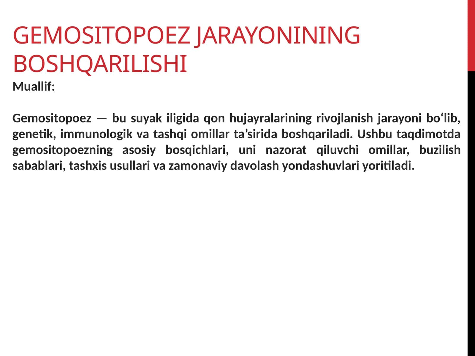 Gemositopoez Jarayonining Boshqarilishi