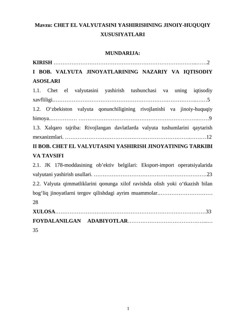 CHET EL VALYUTASINI YASHIRISHNING JINOIY-HUQUQIY XUSUSIYATLARI
