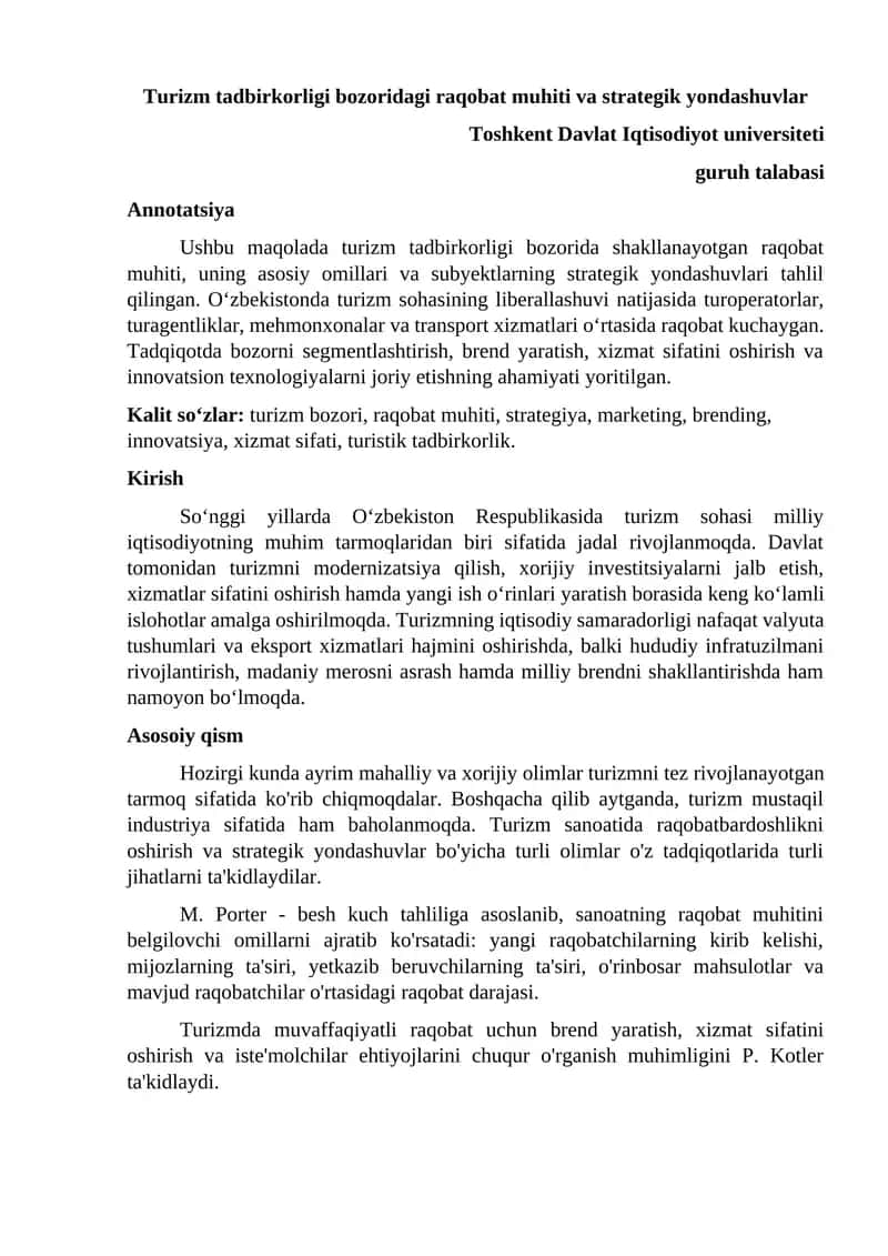 Turizm tadbirkorligi bozoridagi raqobat muhiti va strategik yondashuvlar
