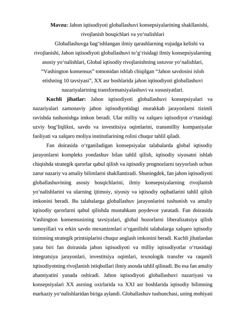 Jahon iqtisodiyoti globallashuvi konsepsiyalari