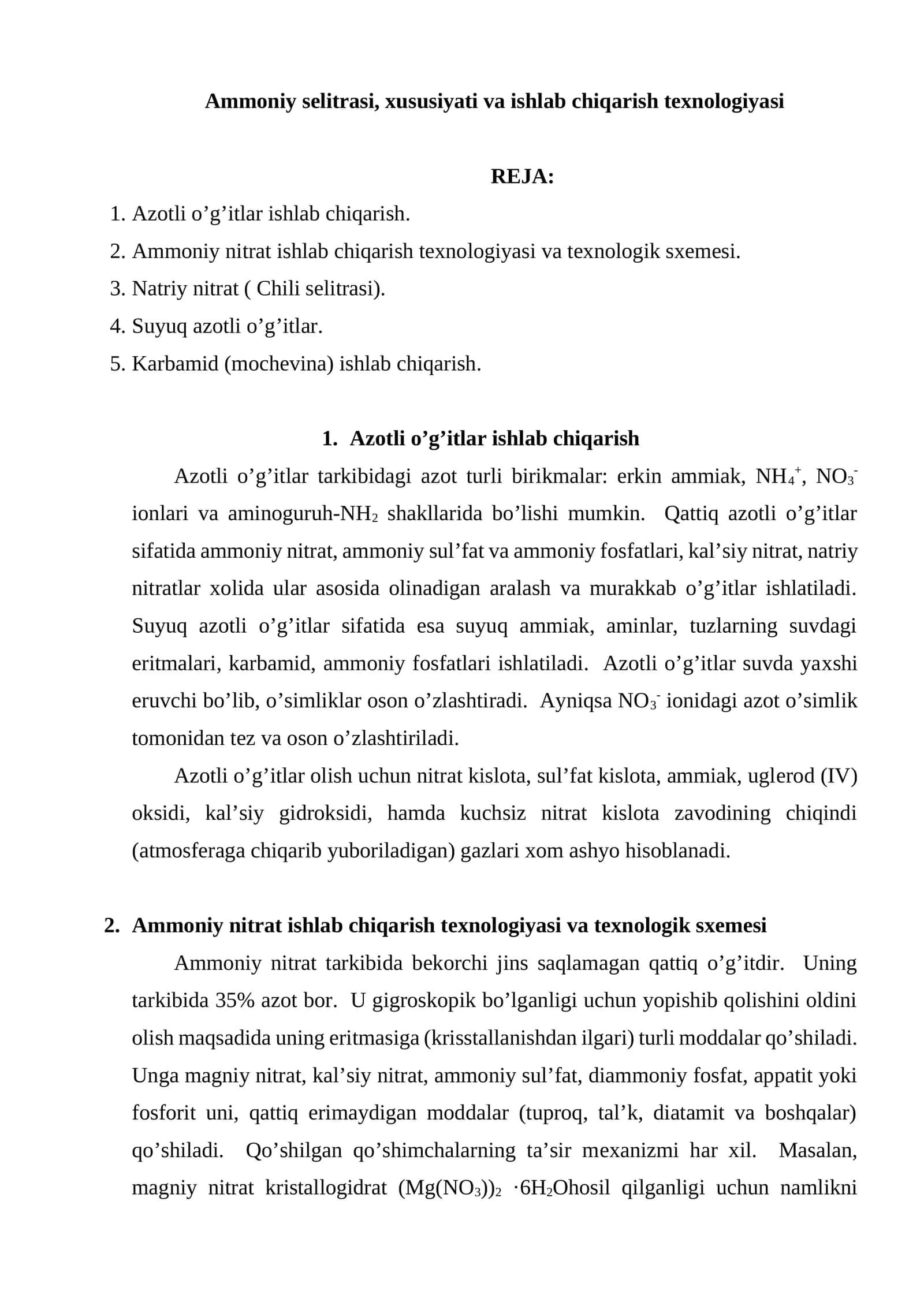 Ammoniy selitrasi, xususiyati va ishlab chiqarish texnologiyasi