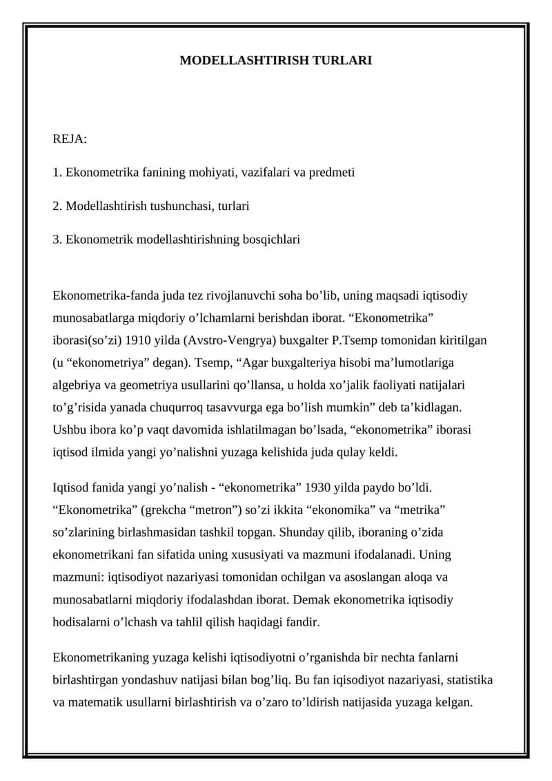 Ekonometrika Modellashtirish
