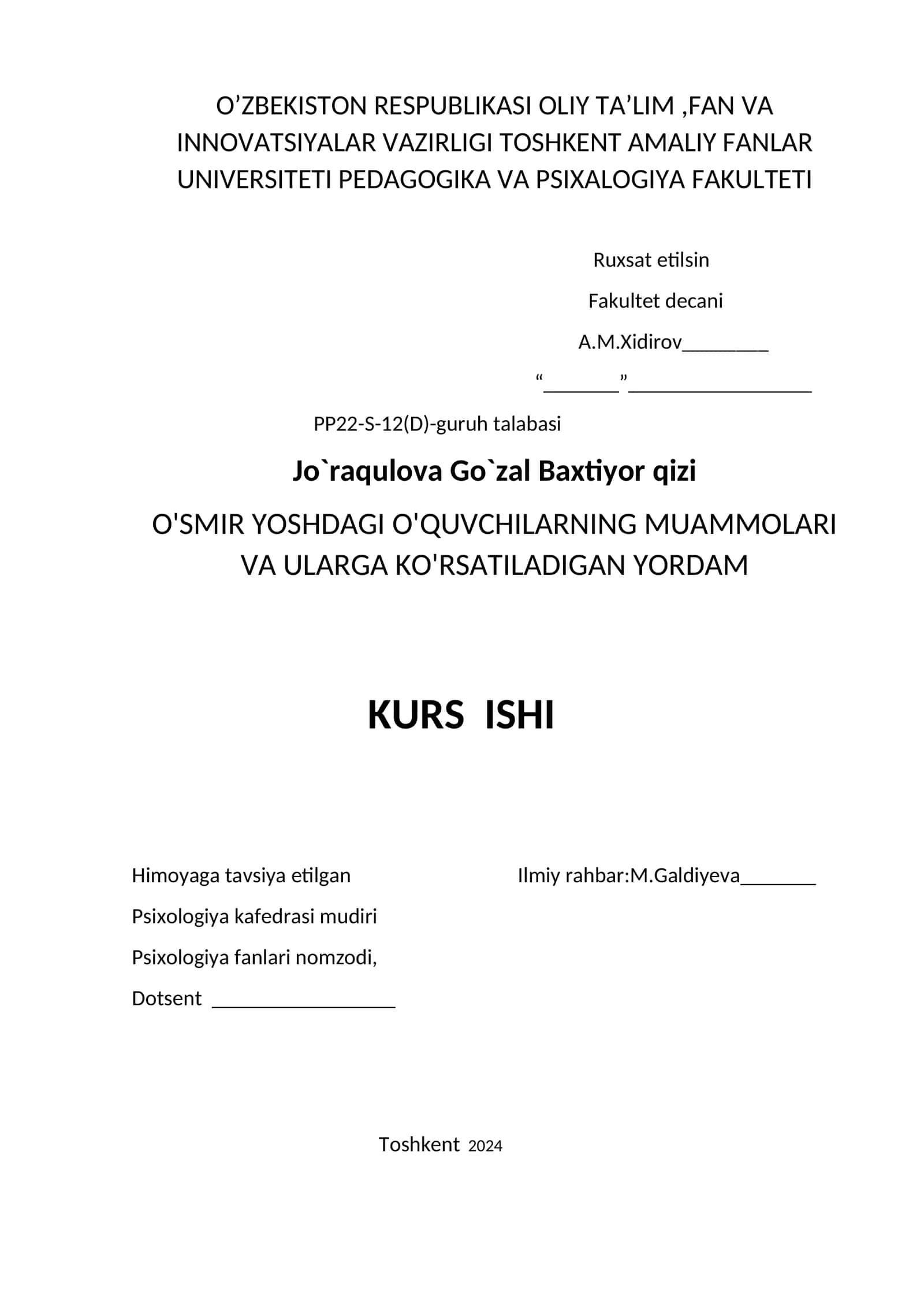 O'SMIR YOSHDAGI O'QUVCHILARNING MUAMMOLARI VA ULARGA KO'RSATILADIGAN YORDAM KURS ISHI