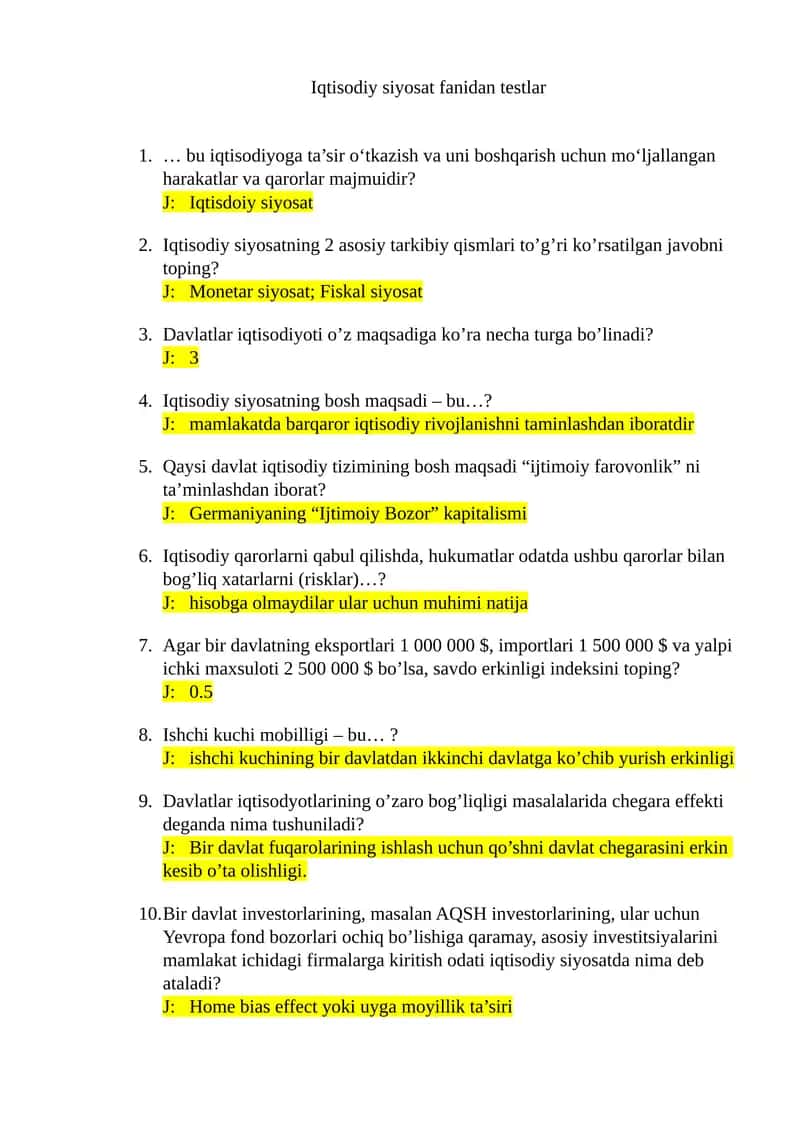 Iqtisodiy siyosat fanidan testlar