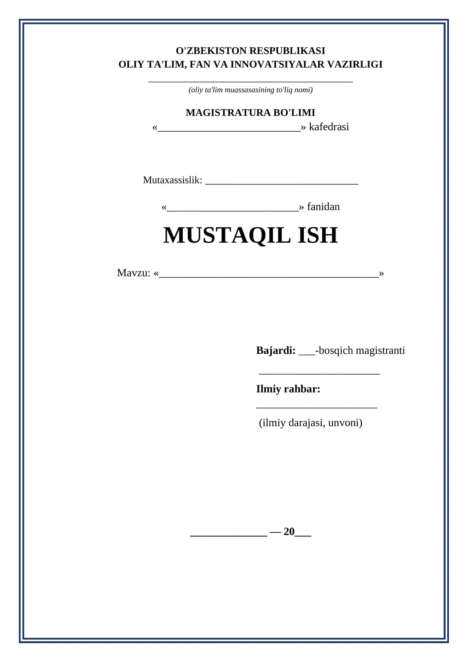 Mustaqil ish titul varagi magistratura