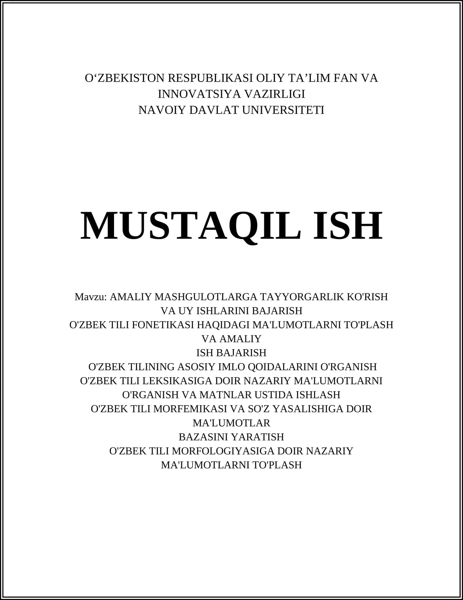 AMALIY MASHGULOTLARGA TAYYORGARLIK KO'RISH VA UY ISHLARINI BAJARISH