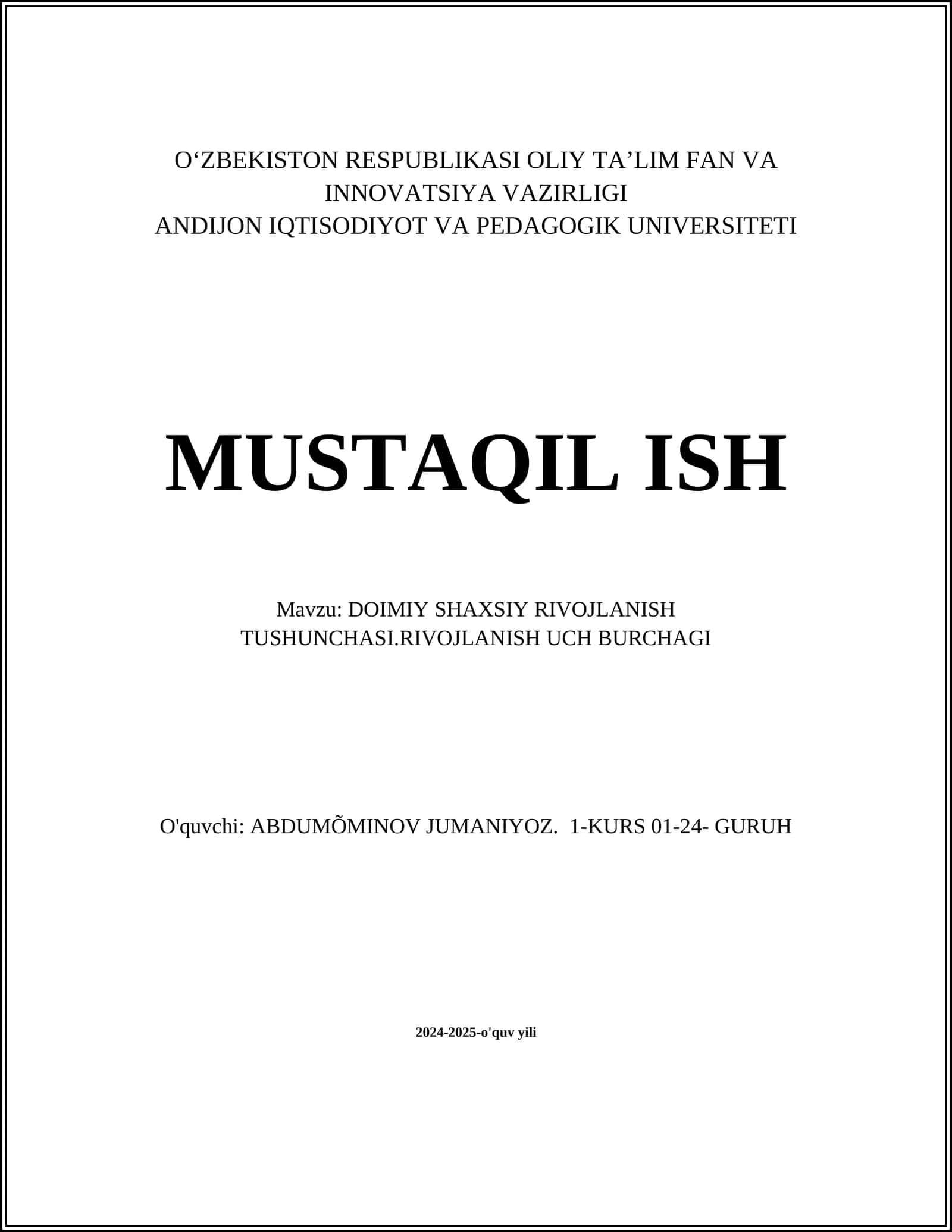DOIMIY SHAXSIY RIVOJLANISH TUSHUNCHASI.RIVOJLANISH UCH BURCHAGI