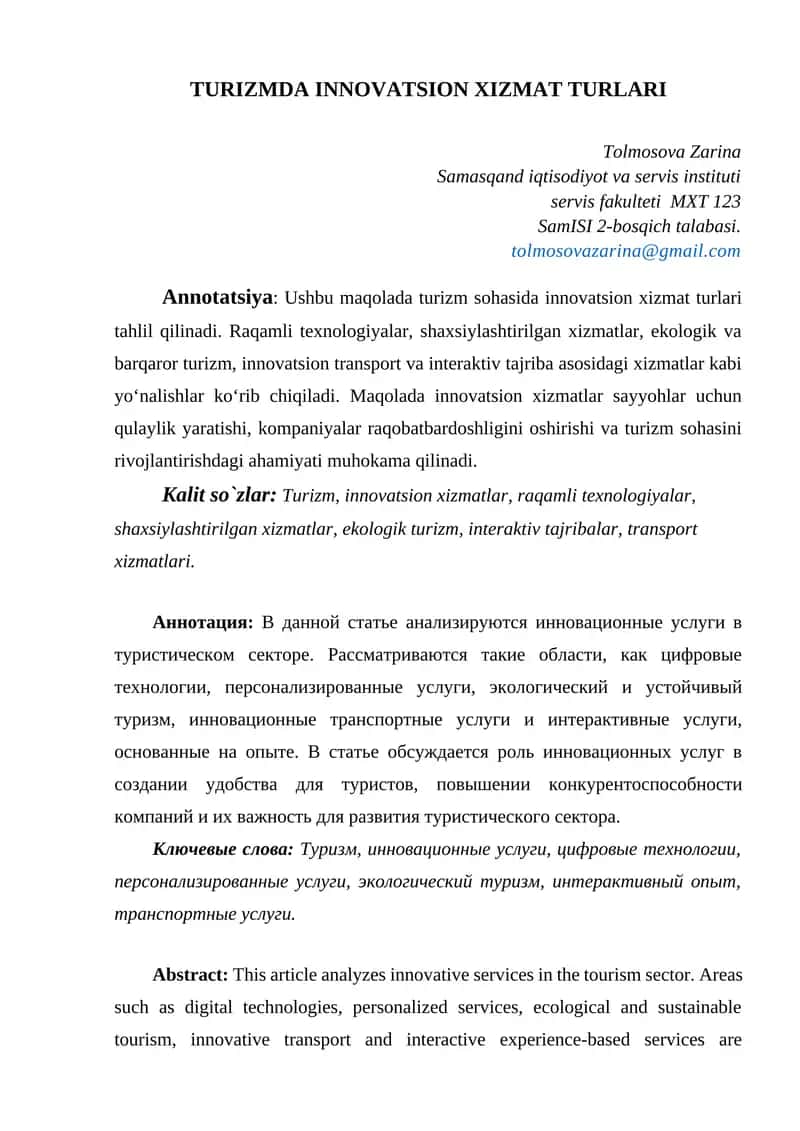 Turizmda Innovatsion Xizmat Turlari