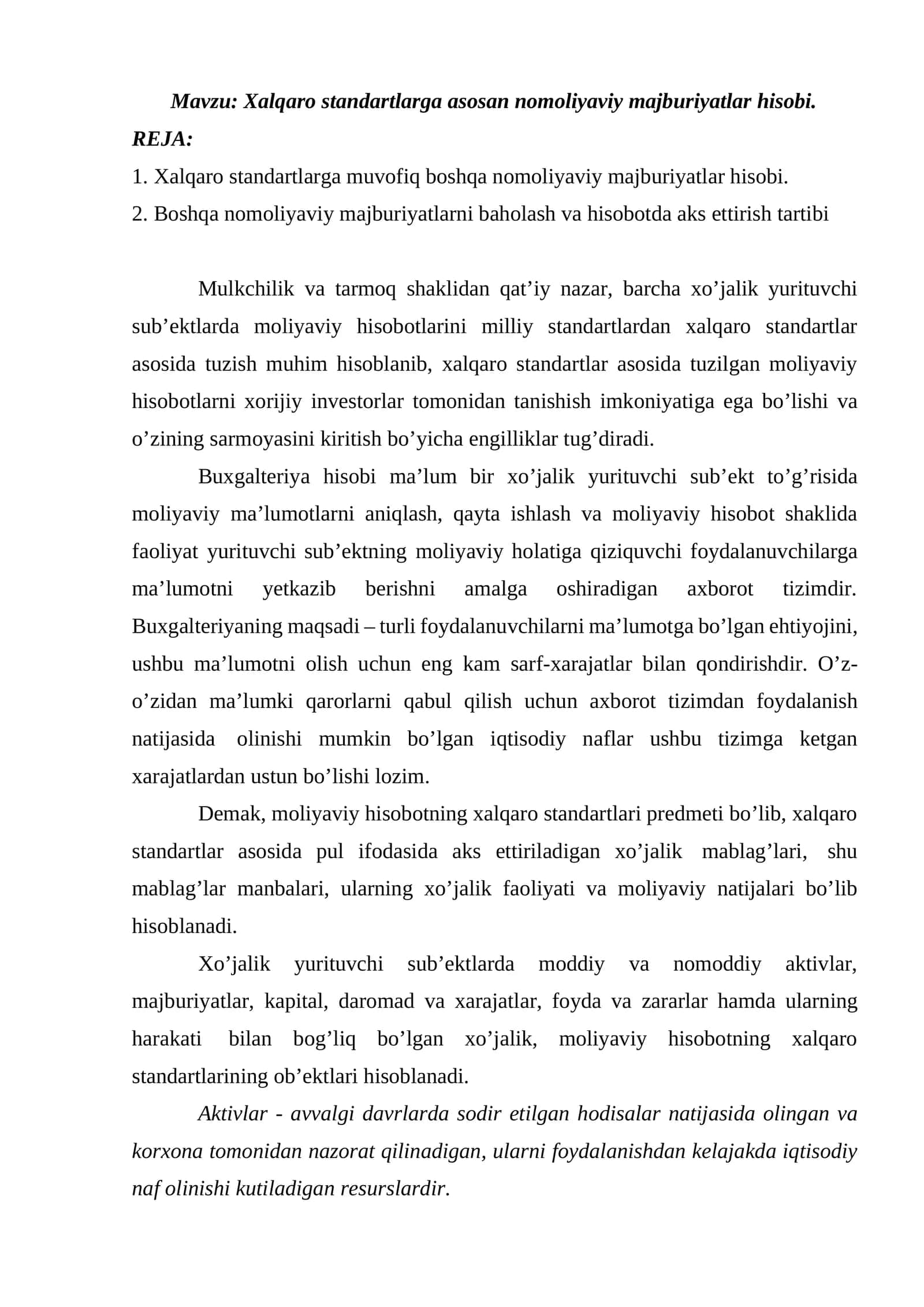Xalqaro standartlarga asosan nomoliyaviy majburiyatlar hisobi