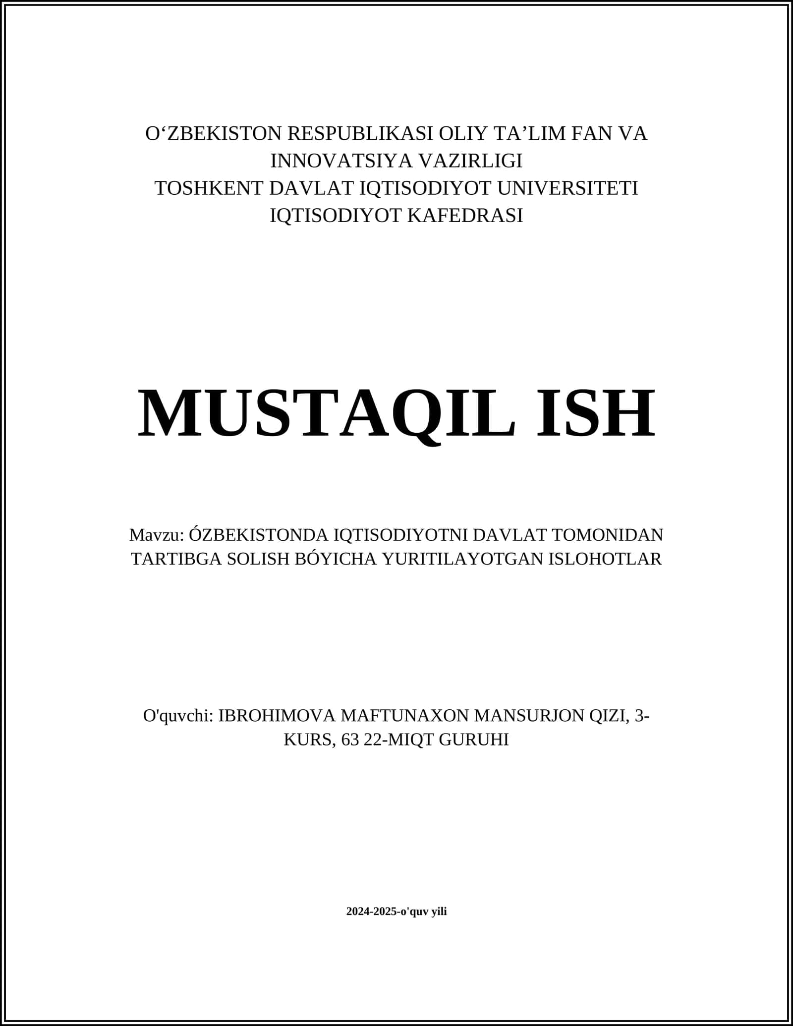 ÓZBEKISTONDA IQTISODIYOTNI DAVLAT TOMONIDAN TARTIBGA SOLISH BÓYICHA YURITILAYOTGAN ISLOHOTLAR