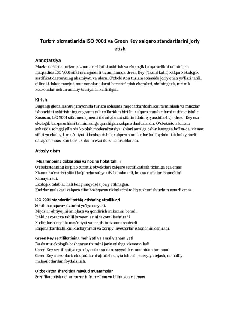 Turizm xizmatlarida ISO 9001 va Green Key xalqaro standartlarini joriy etish