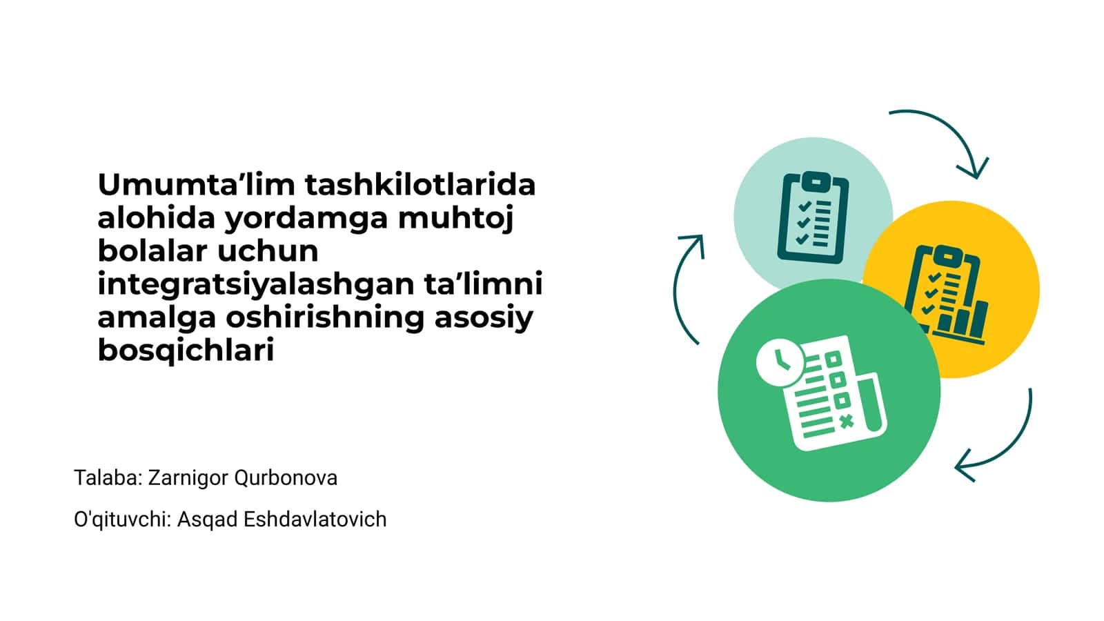 Umumtaʼlim tashkilotlarida alohida yordamga muhtoj bolalar uchun integratsiyalashgan taʼlimni amalga oshirishning asosiy bosqichlari