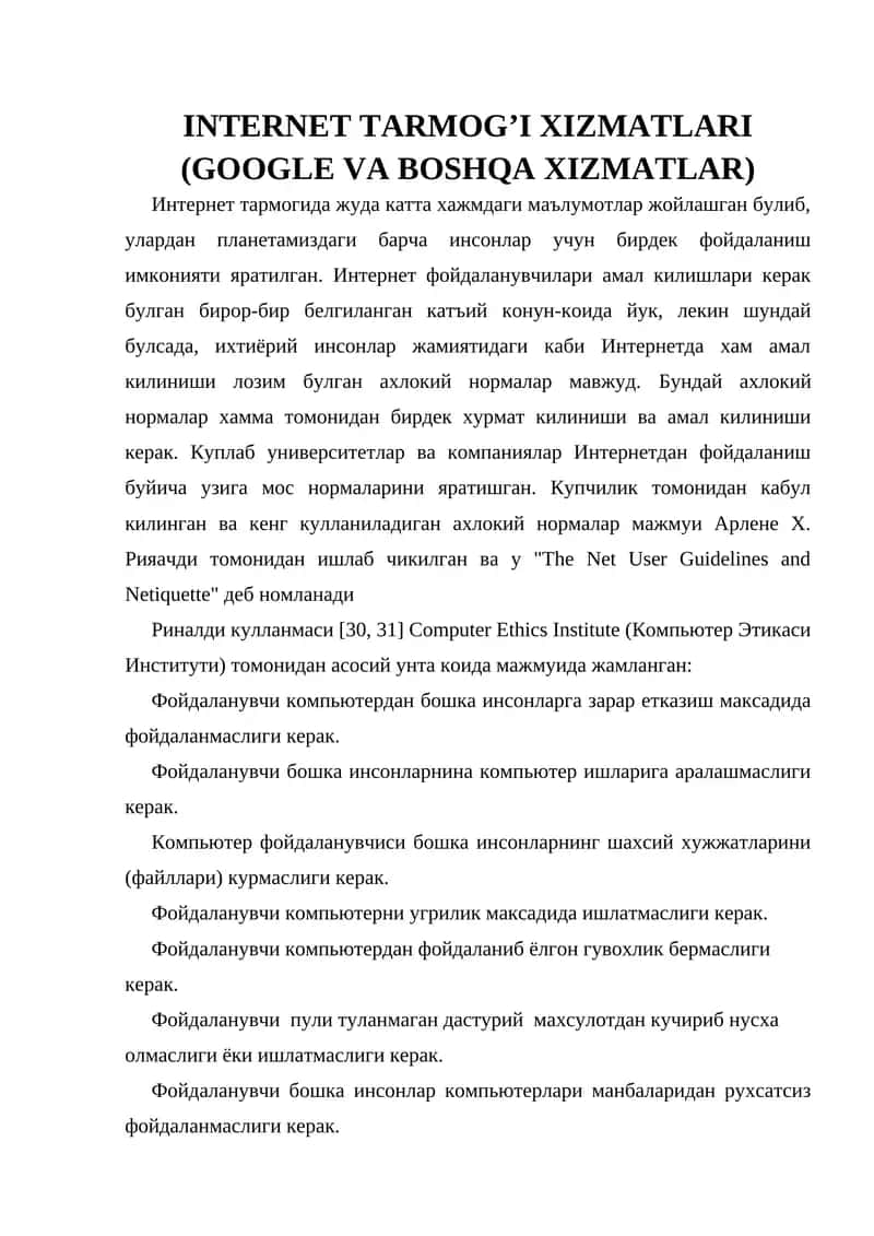 INTERNET TARMOG’I XIZMATLARI (GOOGLE VA BOSHQA XIZMATLAR)