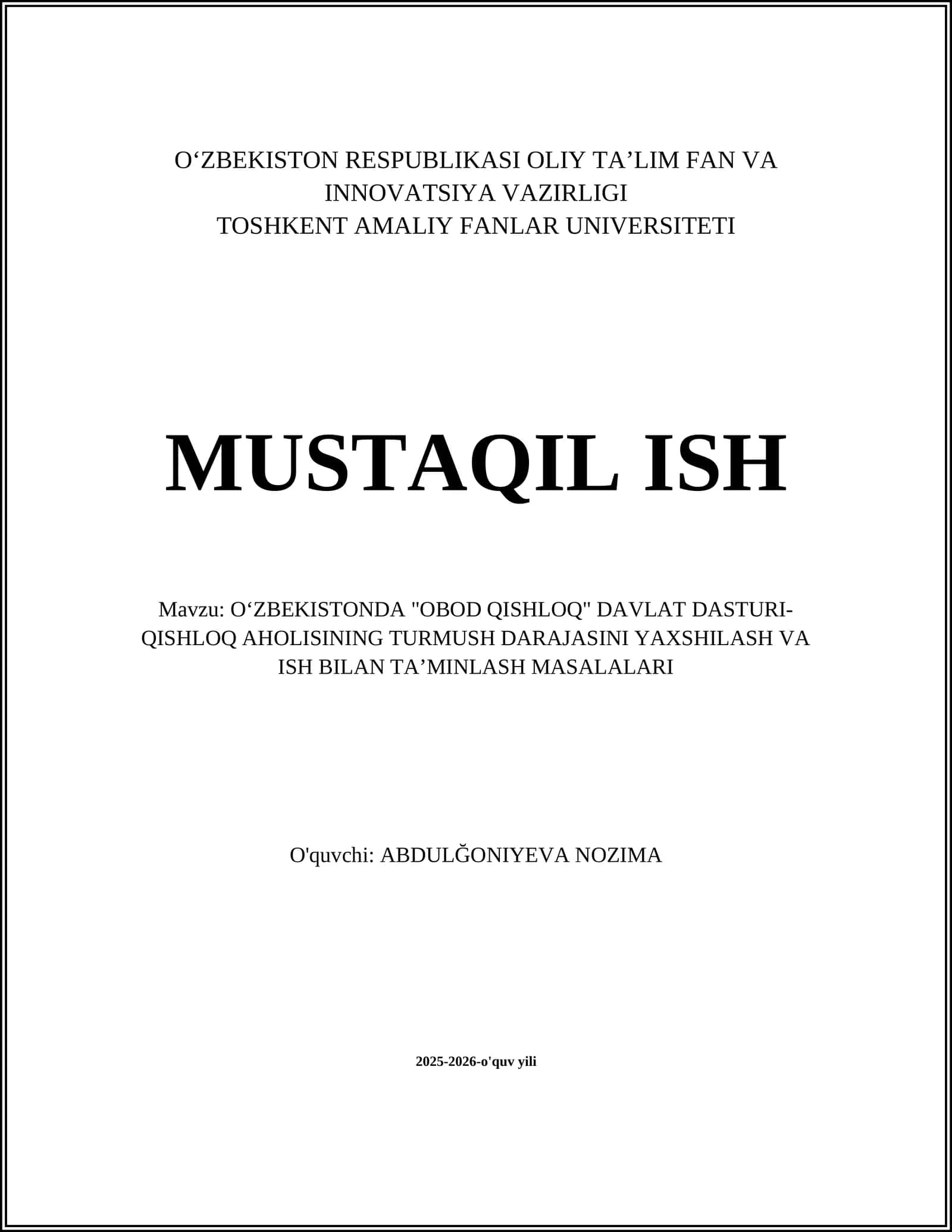 OʻZBEKISTONDA "OBOD QISHLOQ" DAVLAT DASTURI-QISHLOQ AHOLISINING TURMUSH DARAJASINI YAXSHILASH VA ISH BILAN TAʼMINLASH MASALALARI