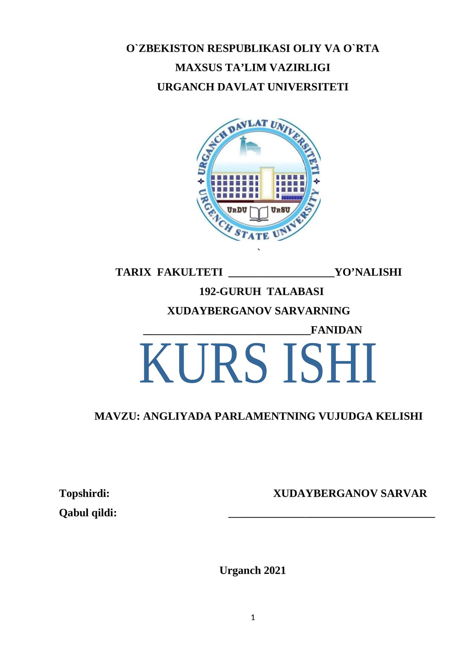 ANGLIYADA PARLAMENTNING VUJUDGA KELISHI