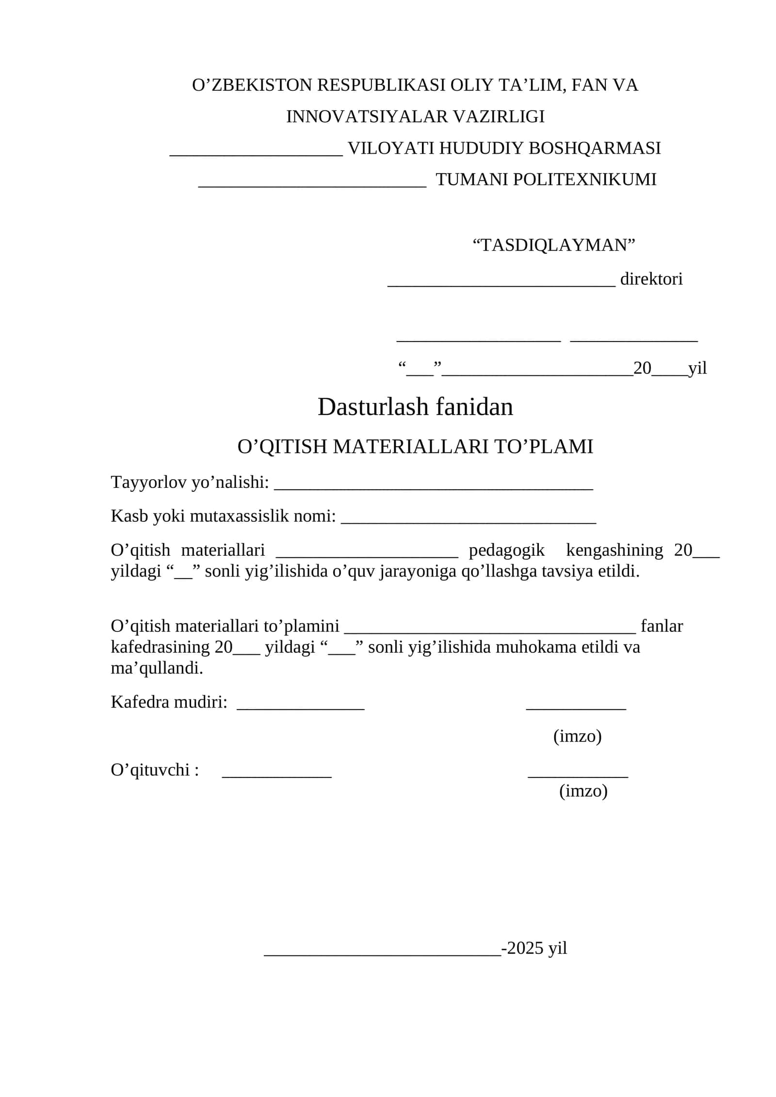 O’QITISH MATERIALLARI TO’PLAMI