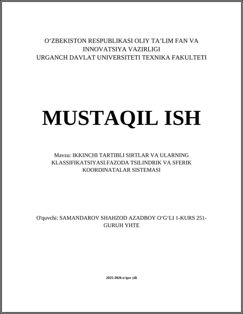 IKKINCHI TARTIBLI SIRTLAR VA ULARNING KLASSIFIKATSIYASI