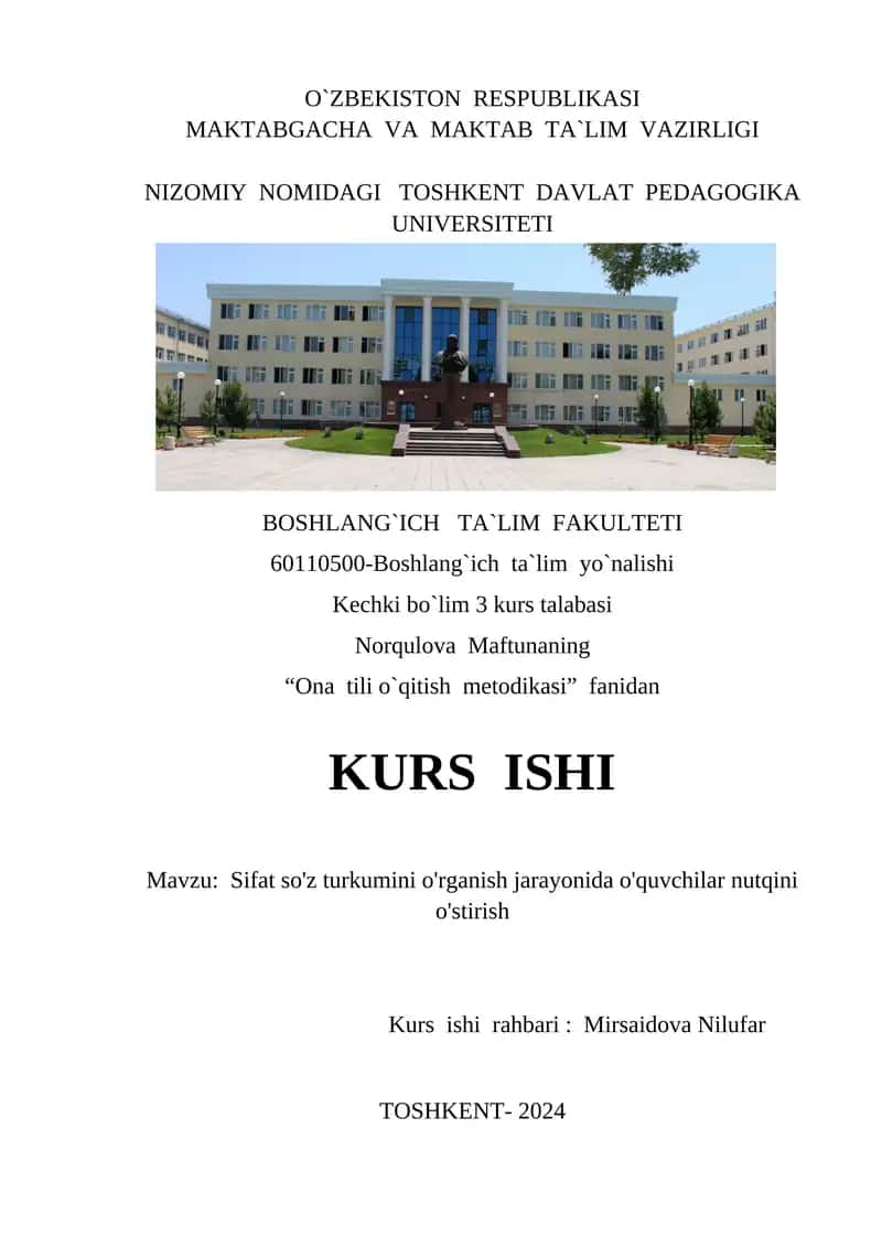 KURS ISHI: Sifat so'z turkumini o'rganish jarayonida o'quvchilar nutqini o'stirish