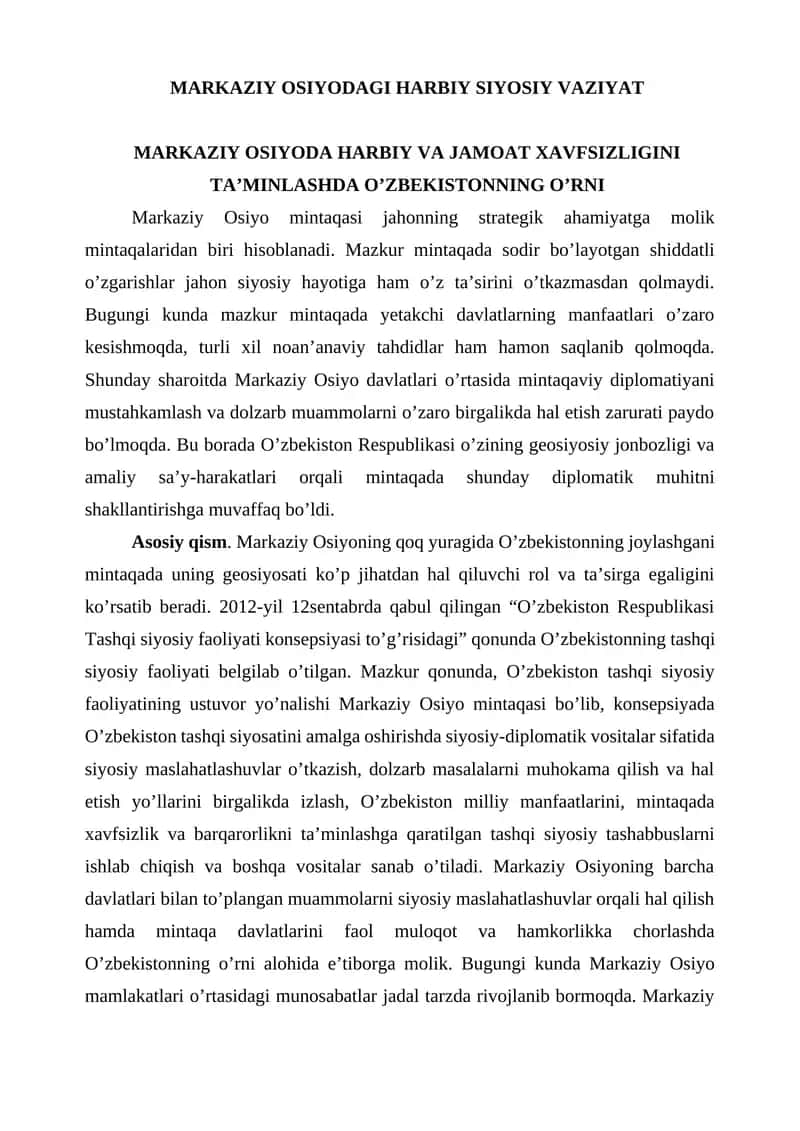 MARKAZIY OSIYODAGI HARBIY SIYOSIY VAZIYAT