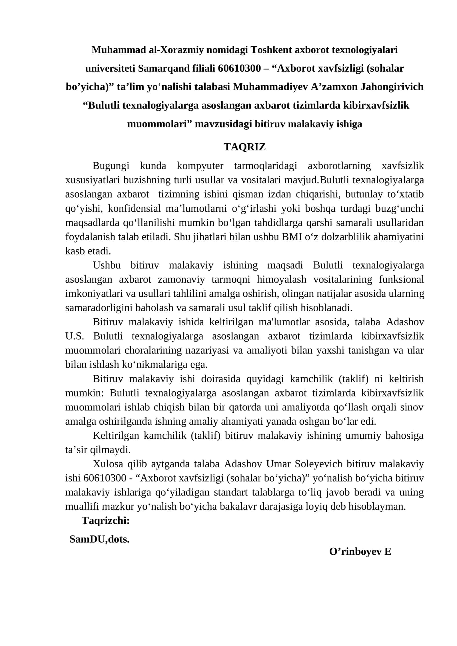 “Bulutli texnalogiyalarga asoslangan axbarot tizimlarda kibirxavfsizlik muommolari” mavzusidagi bitiruv malakaviy ishiga