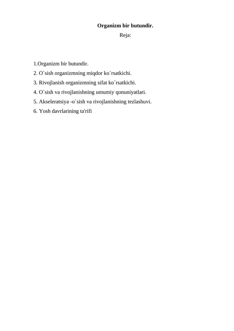 Organizm o`sish va rivojlanish
