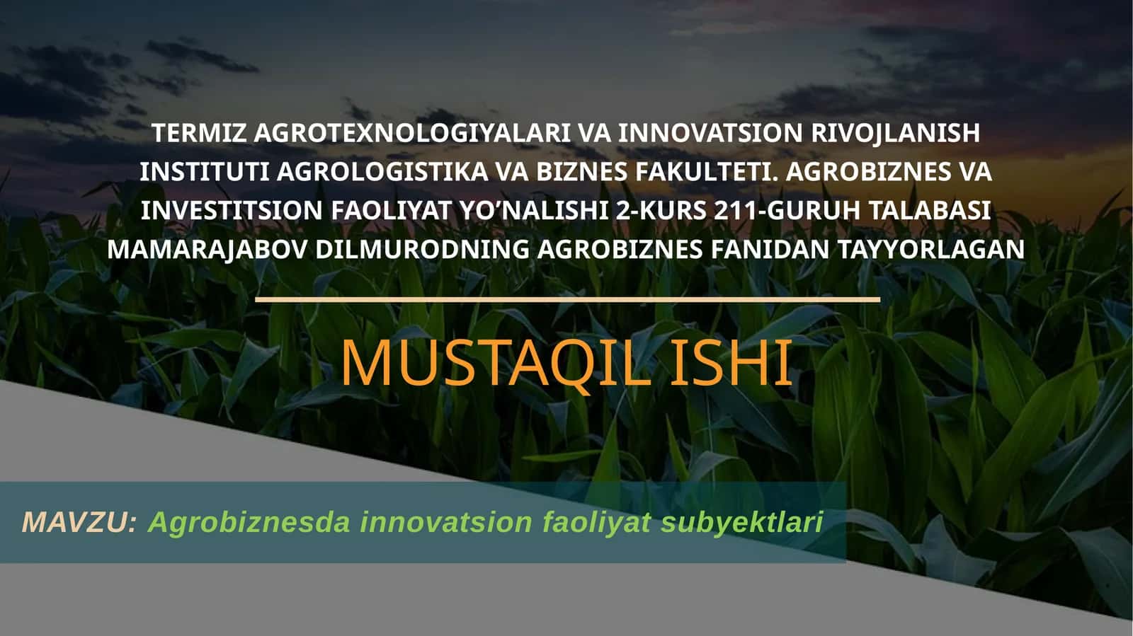 Agrobiznesdainnovatsion faoliyat subyektlari