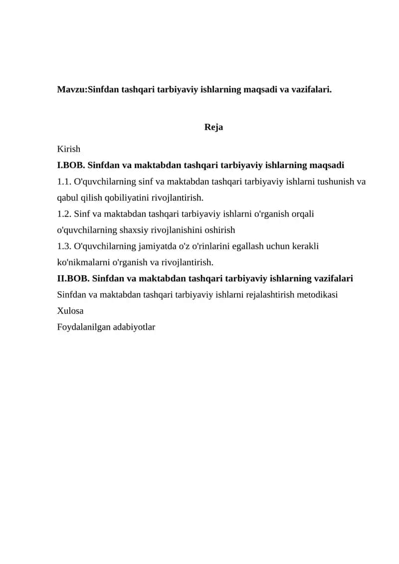 Sinfdan tashqari tarbiyaviy ishlarning maqsadi va vazifalari.