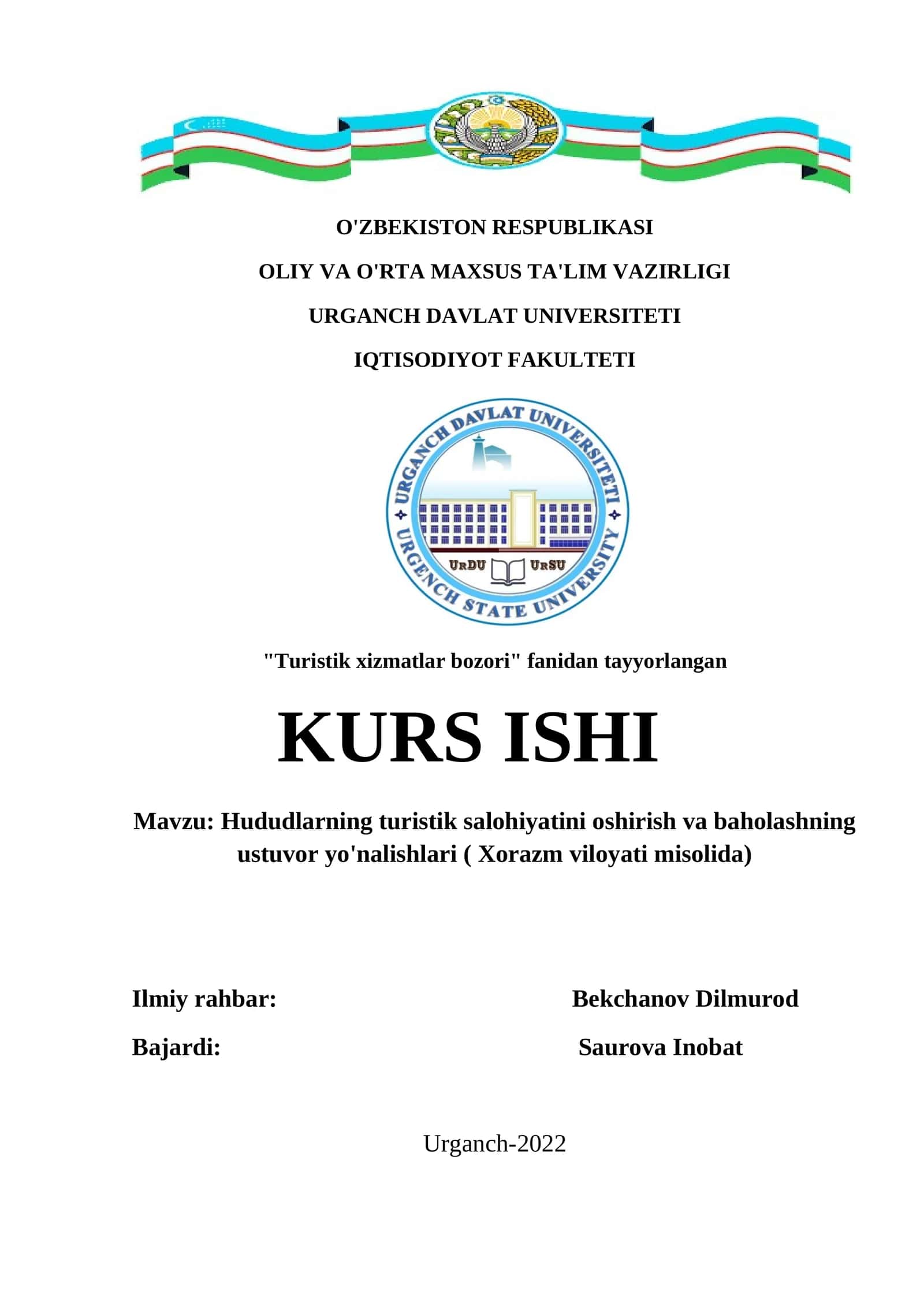 Turistik xizmatlar bozori fanidan tayyorlangan Kurs ishi