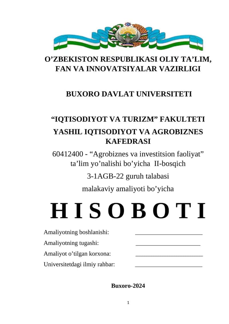 Сourse work on "Agro Business and Investment Activities" in "Green Economics and Agribusiness Department"