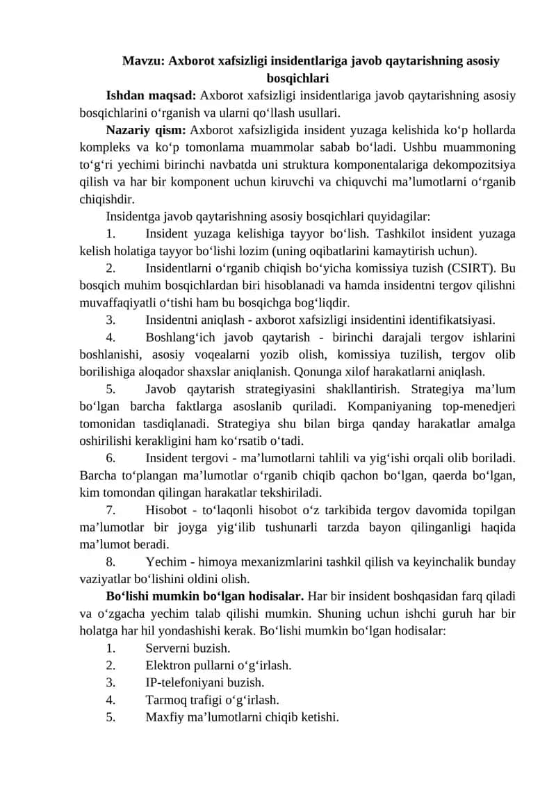 Axborot xafsizligi insidentlariga javob qaytarishning asosiy bosqichlari