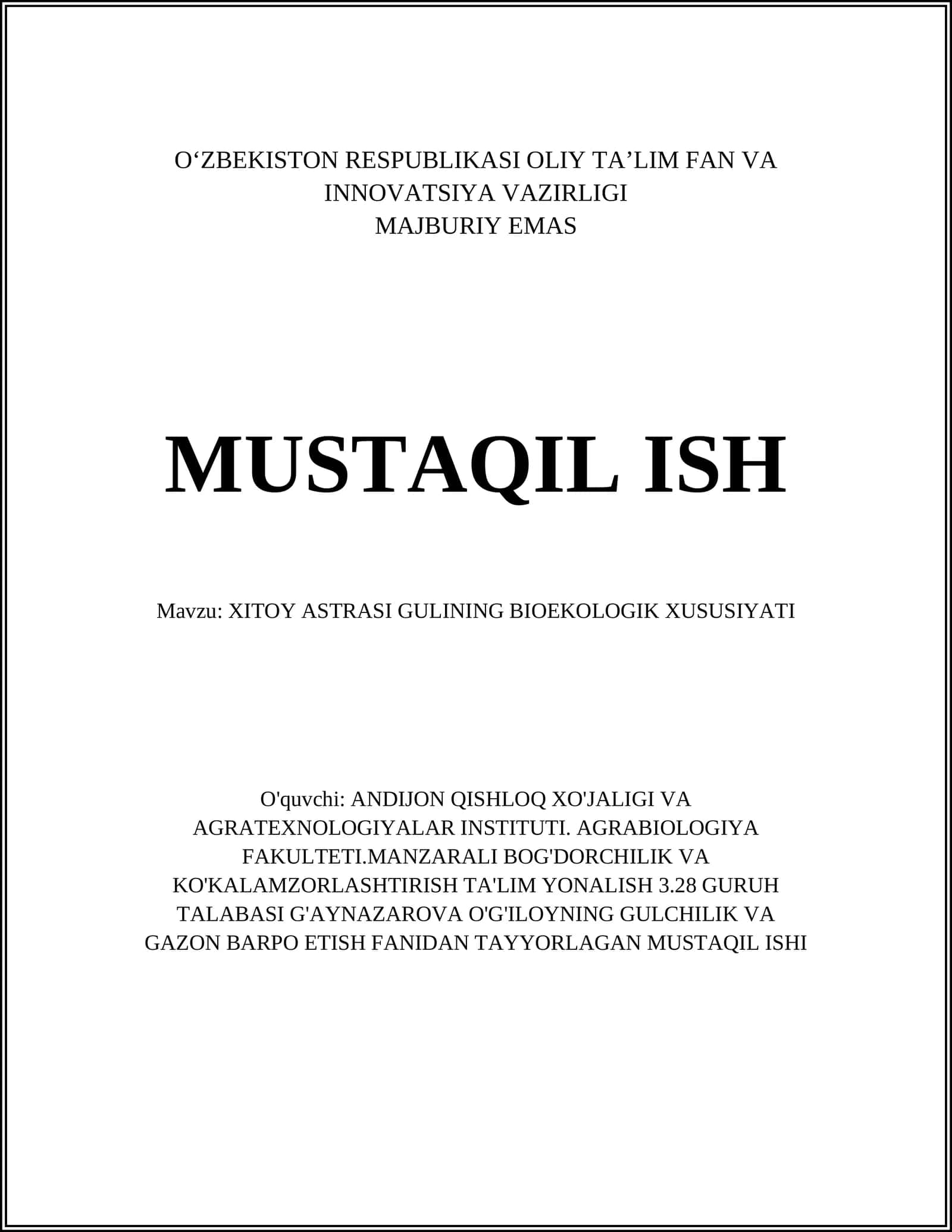 XITOY ASTRASI GULINING BIOEKOLOGIK XUSUSIYATI