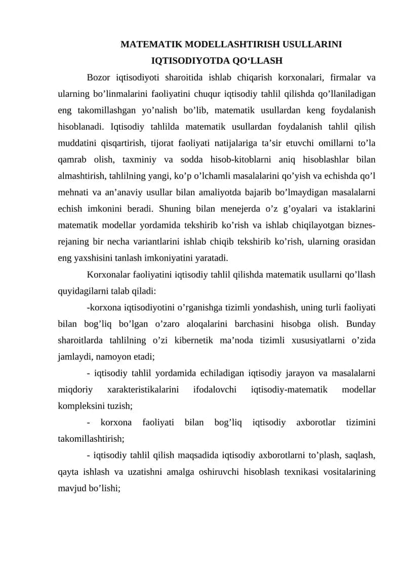 Matematik Modellashtirish Usullarini Iqtisodiyotda Qo‘llash