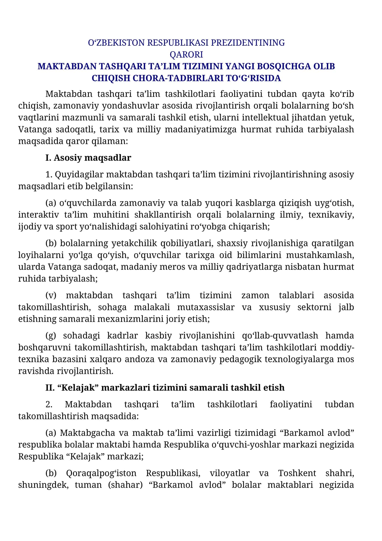 Maktabdan tashqari taʼlim tizimini yangi bosqichga olib chiqish chora-tadbirlari toʻgʻrisida